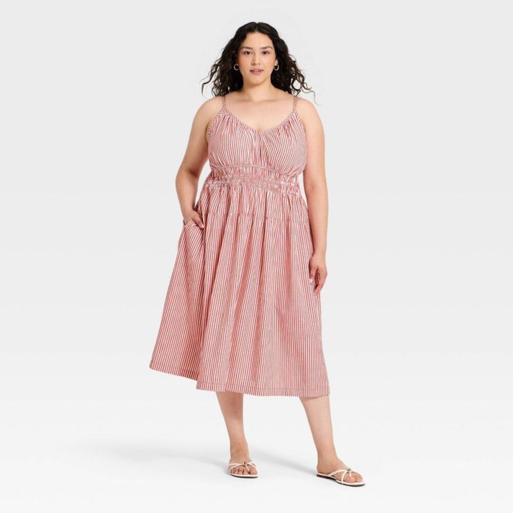 Women's Midi A-Line Dress - Ava & Viv Red Striped XXL